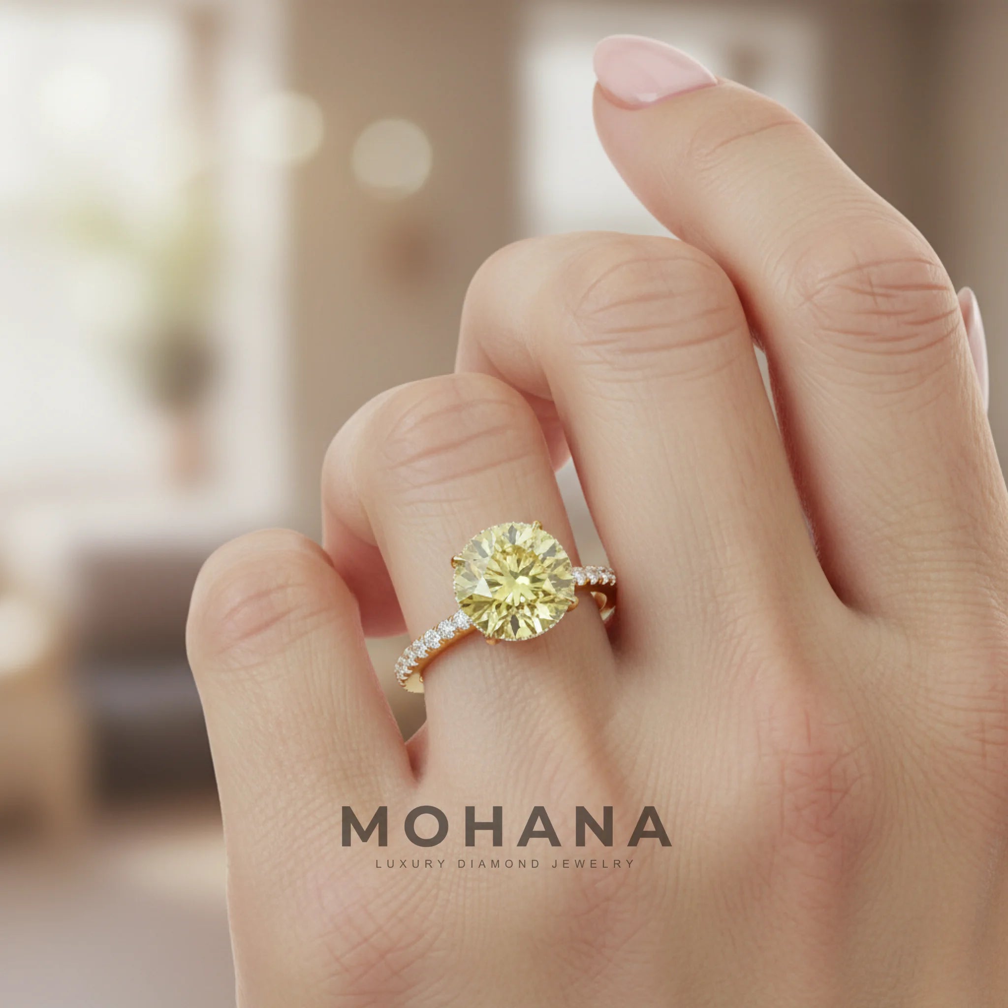 3.5 Carat Fancy Yellow Round Cut Lab Grown Diamond Ring - Halo & Pave Setting Wedding Ring