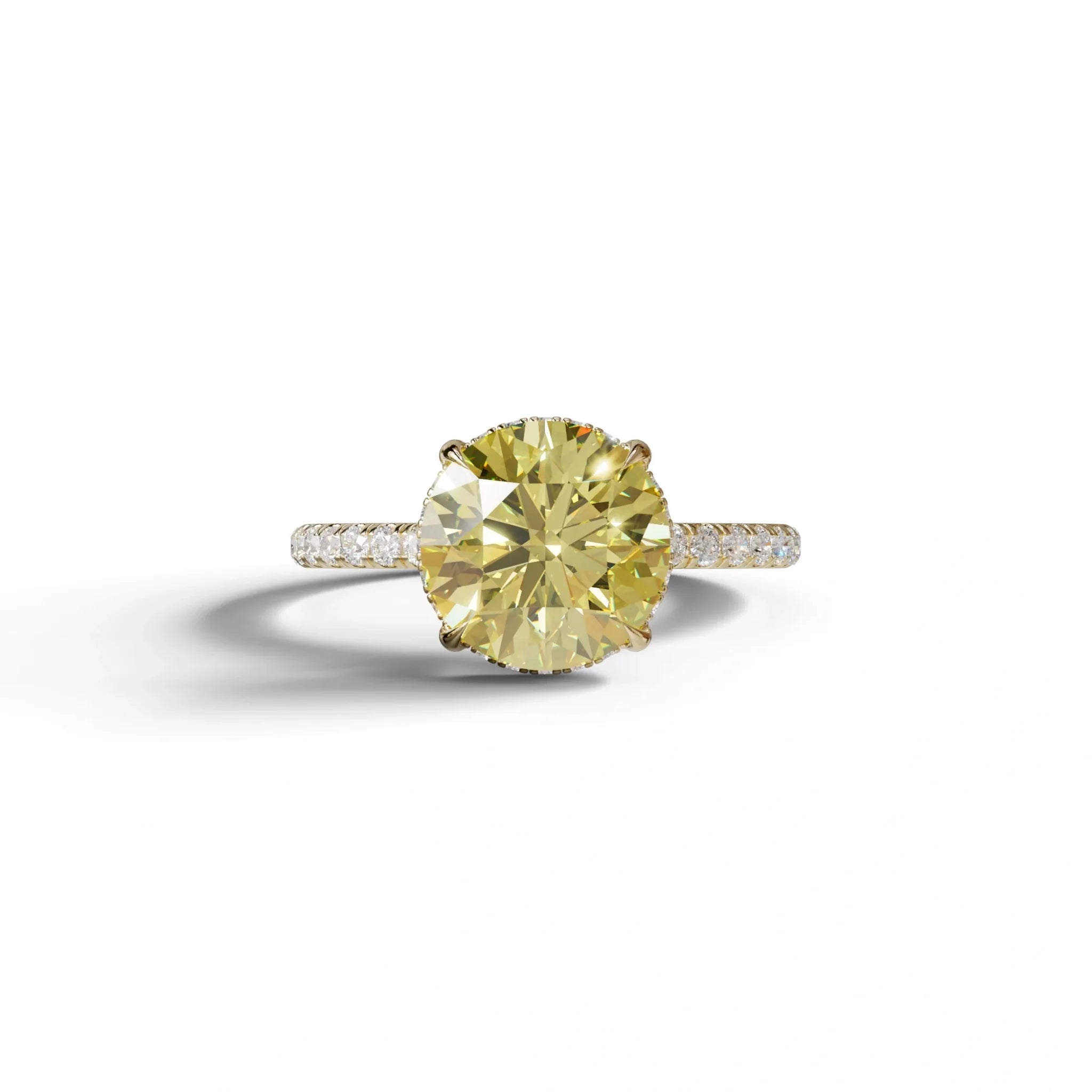 3.5 Carat Yellow Round Cut Lab Diamond Ring - Halo & Pave Setting Wedding Ring - 10K Solid Gold / Yellow Gold