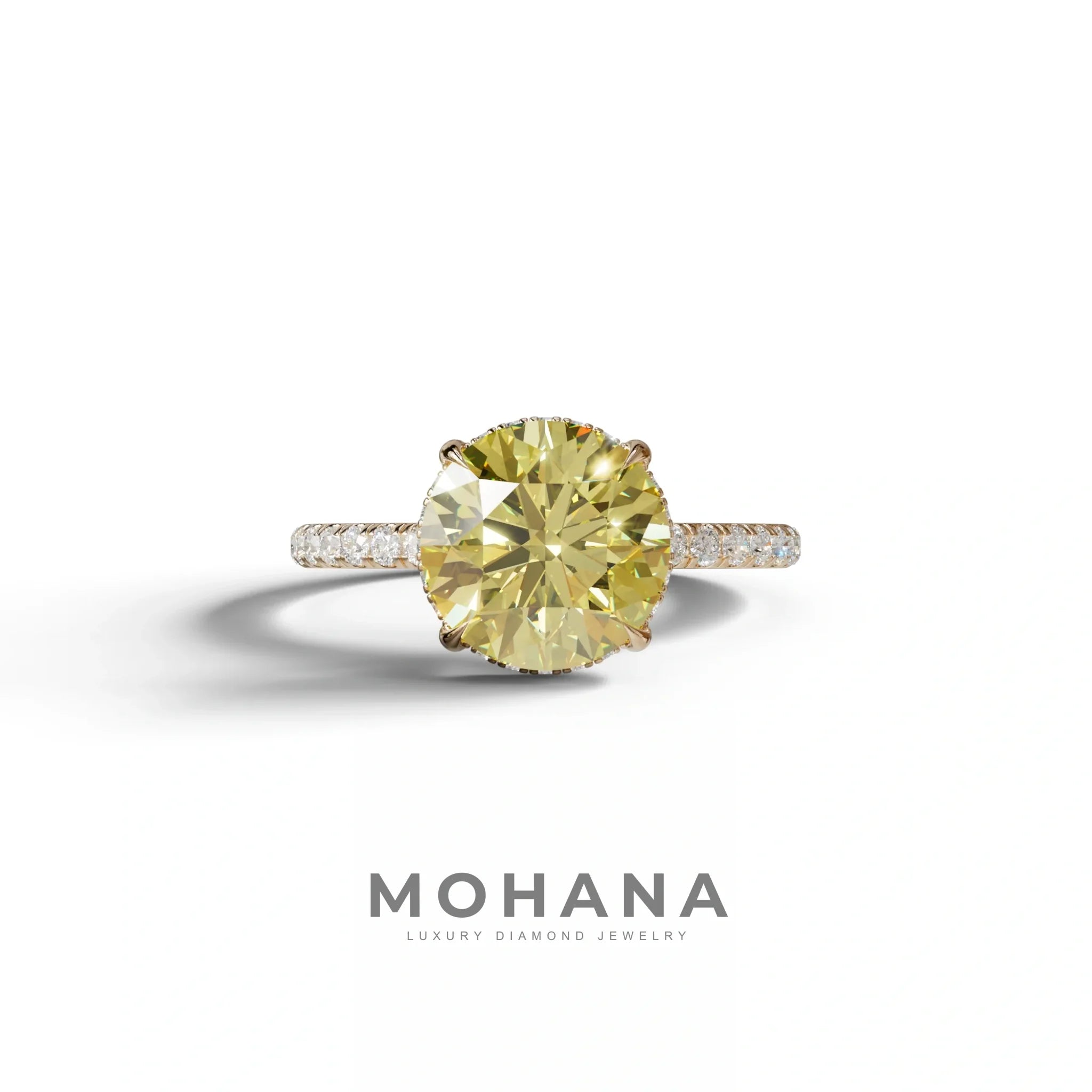 3.5 Carat Yellow Round Cut Lab Diamond Ring - Halo & Pave Setting Wedding Ring - 10K Solid Gold / Rose Gold