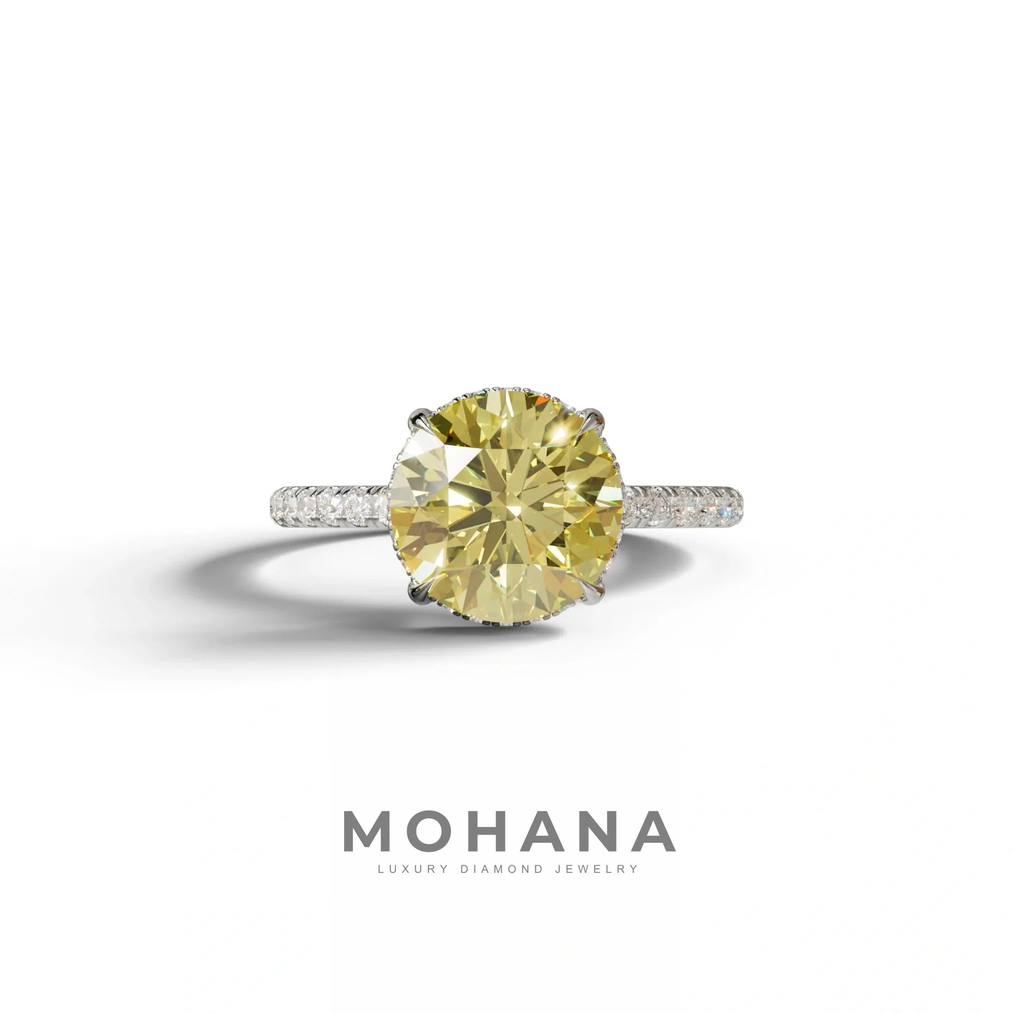 3.5 Carat Yellow Round Cut Lab Diamond Ring - Halo & Pave Setting Wedding Ring - 10K Solid Gold / White Gold
