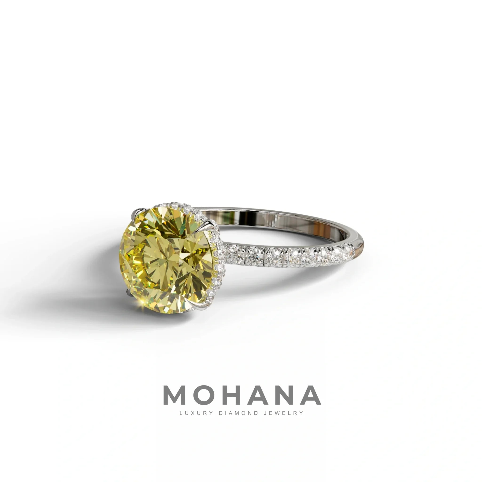 3.5 Carat Yellow Round Cut Lab Diamond Ring - Halo & Pave Setting Wedding Ring