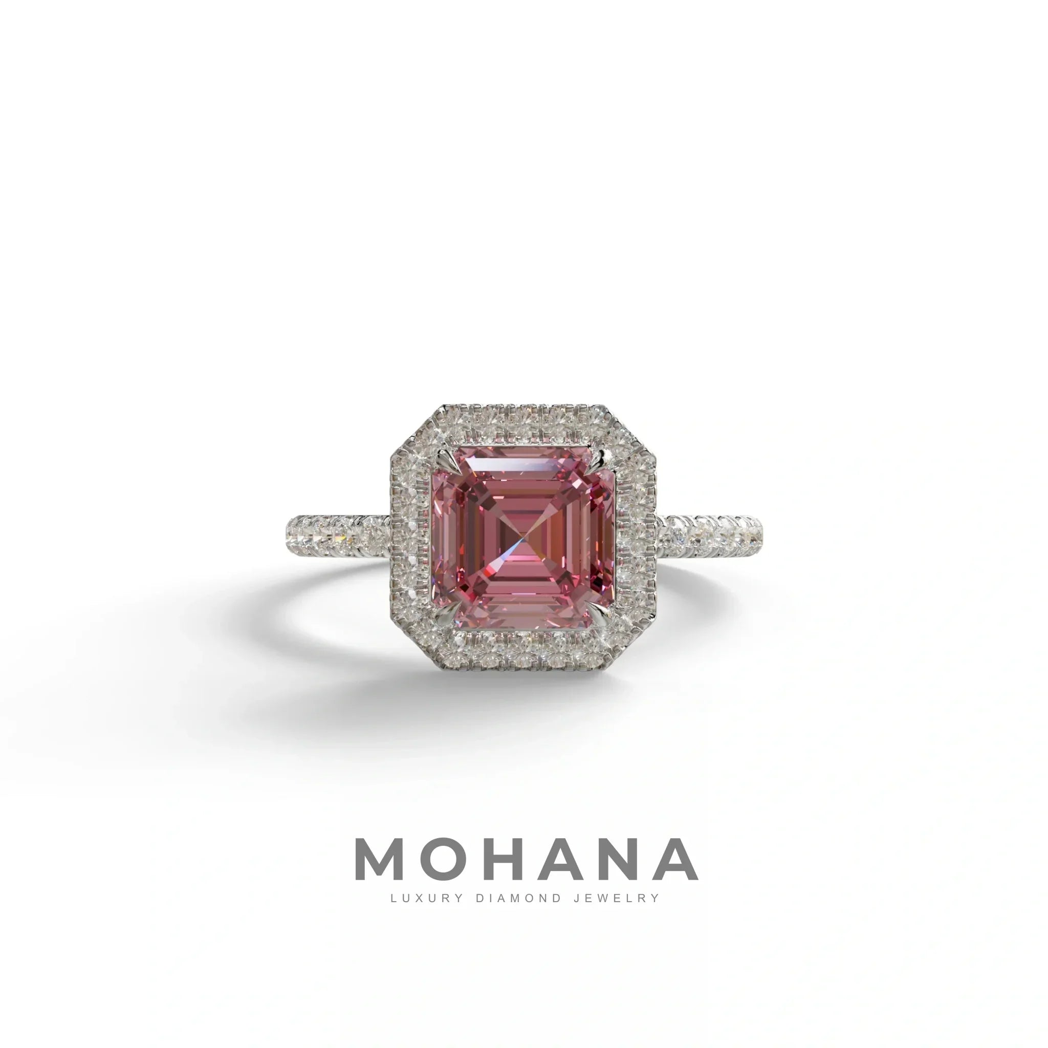 3.5 Ct Pink Asscher Cut Lab Diamond In Halo & Pave Setting Ring - Up Glam - 10K Solid Gold / White Gold