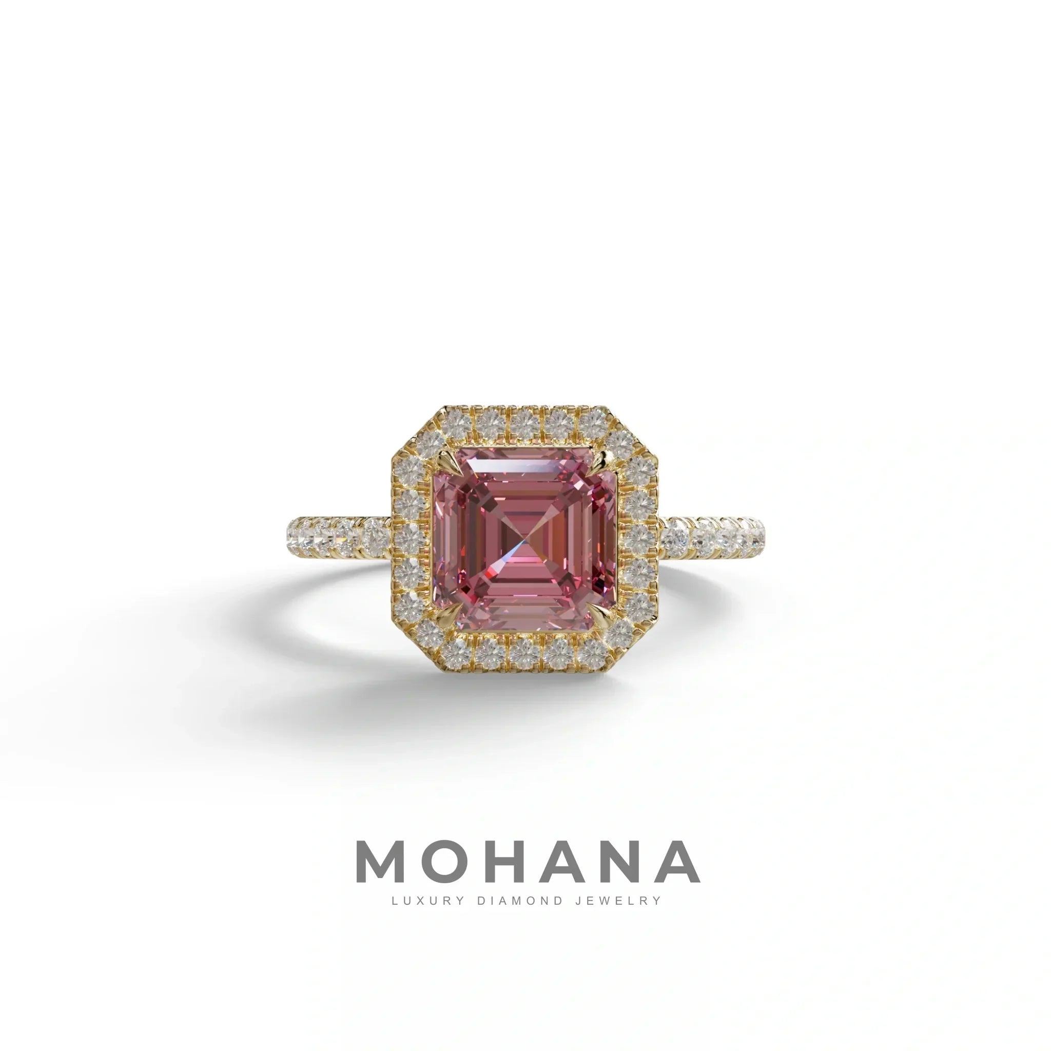 3.5 Ct Pink Asscher Cut Lab Diamond In Halo & Pave Setting Ring - Up Glam - 10K Solid Gold / Yellow Gold