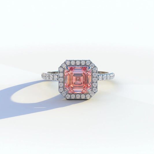 3.5 Ct Pink Asscher Cut Lab Diamond In Halo & Pave Setting Ring - Up Glam - 10K Solid Gold / White Gold