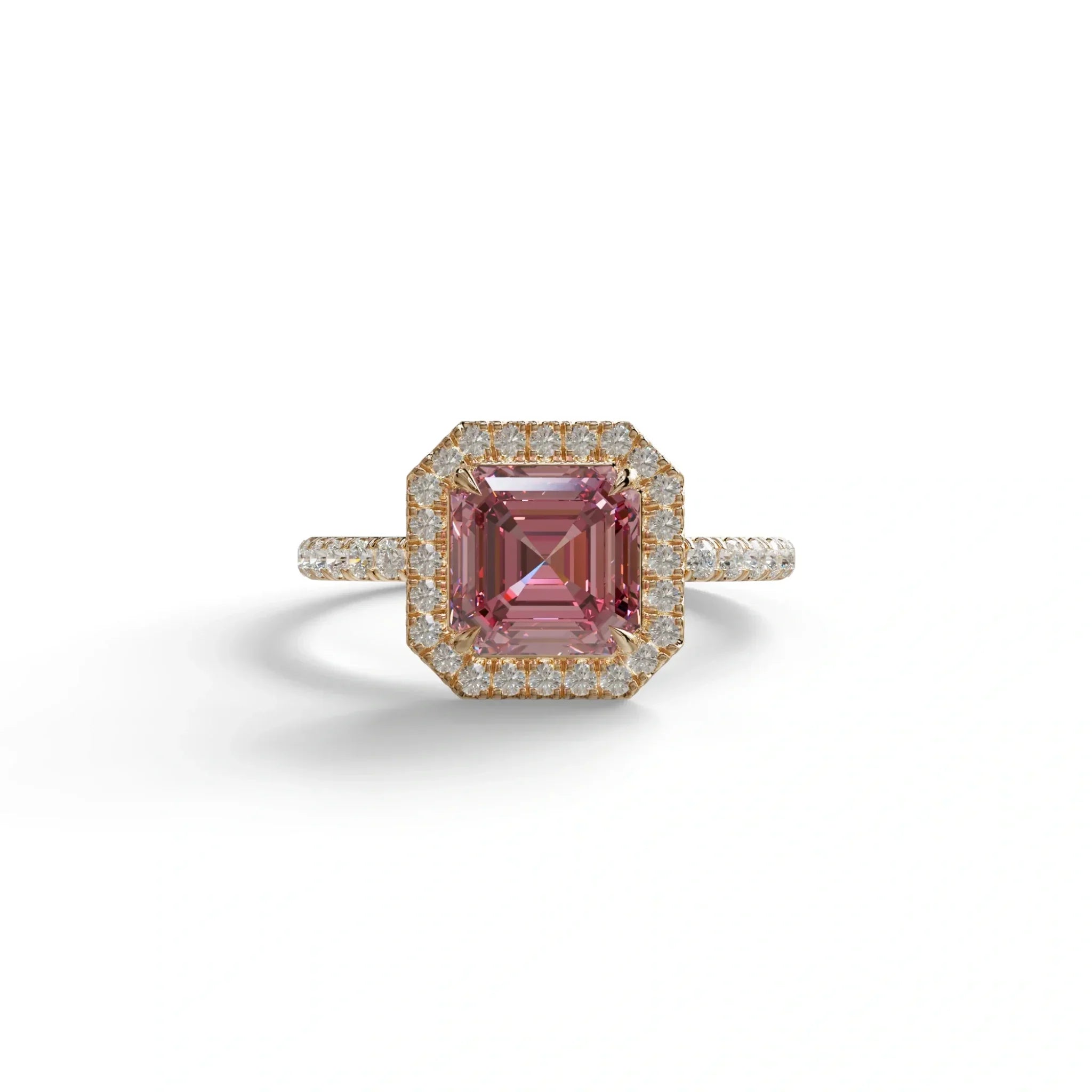 3.5 Ct Pink Asscher Cut Lab Diamond In Halo & Pave Setting Ring - Up Glam - 10K Solid Gold / Rose Gold