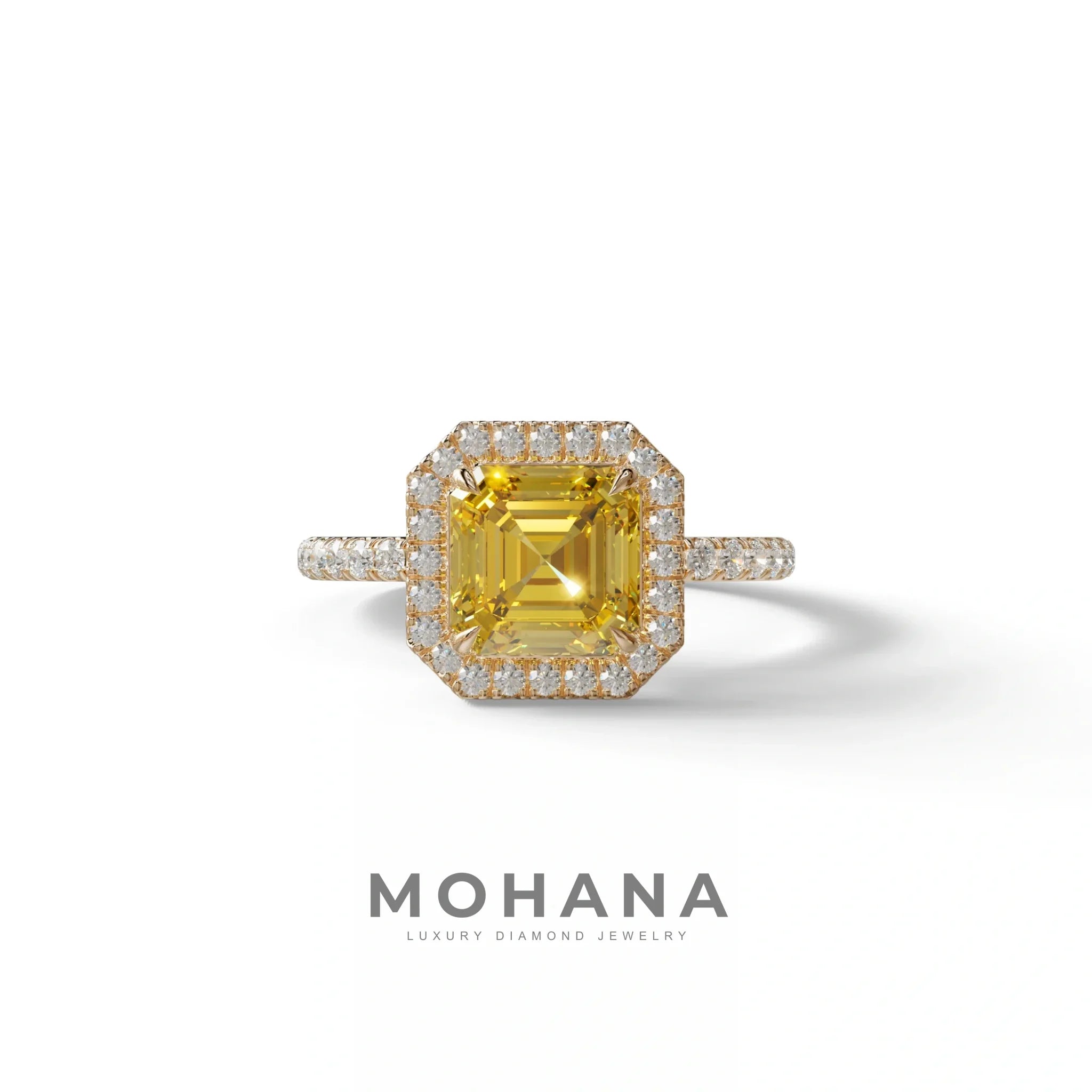 3.5 Ct Yellow Asscher Cut Lab Diamond In Halo & Pave Setting Ring - Up Glam - 10K Solid Gold / Rose Gold