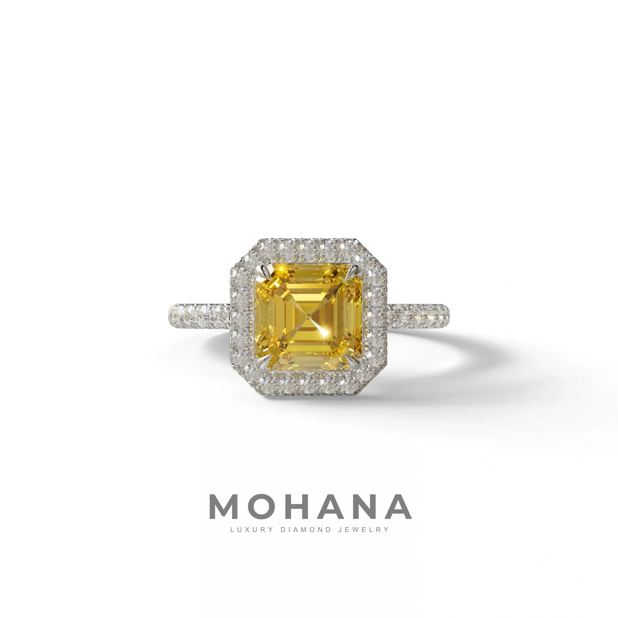 3.5 Ct Yellow Asscher Cut Lab Diamond In Halo & Pave Setting Ring - Up Glam - 10K Solid Gold / White Gold