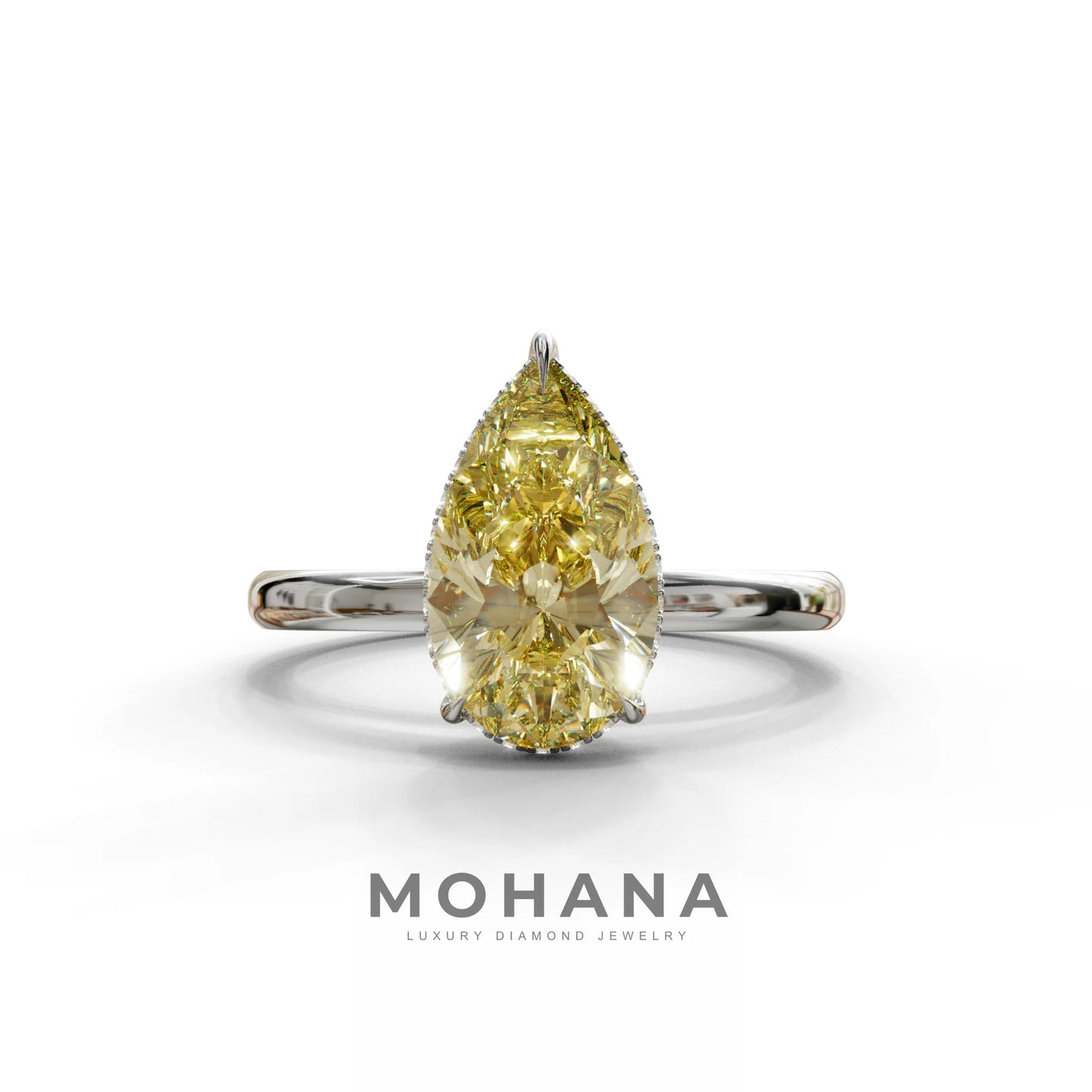 3.5 Carat Yellow Pear Cut Hidden Halo Lab Diamond Ring - 10K Solid Gold / White Gold
