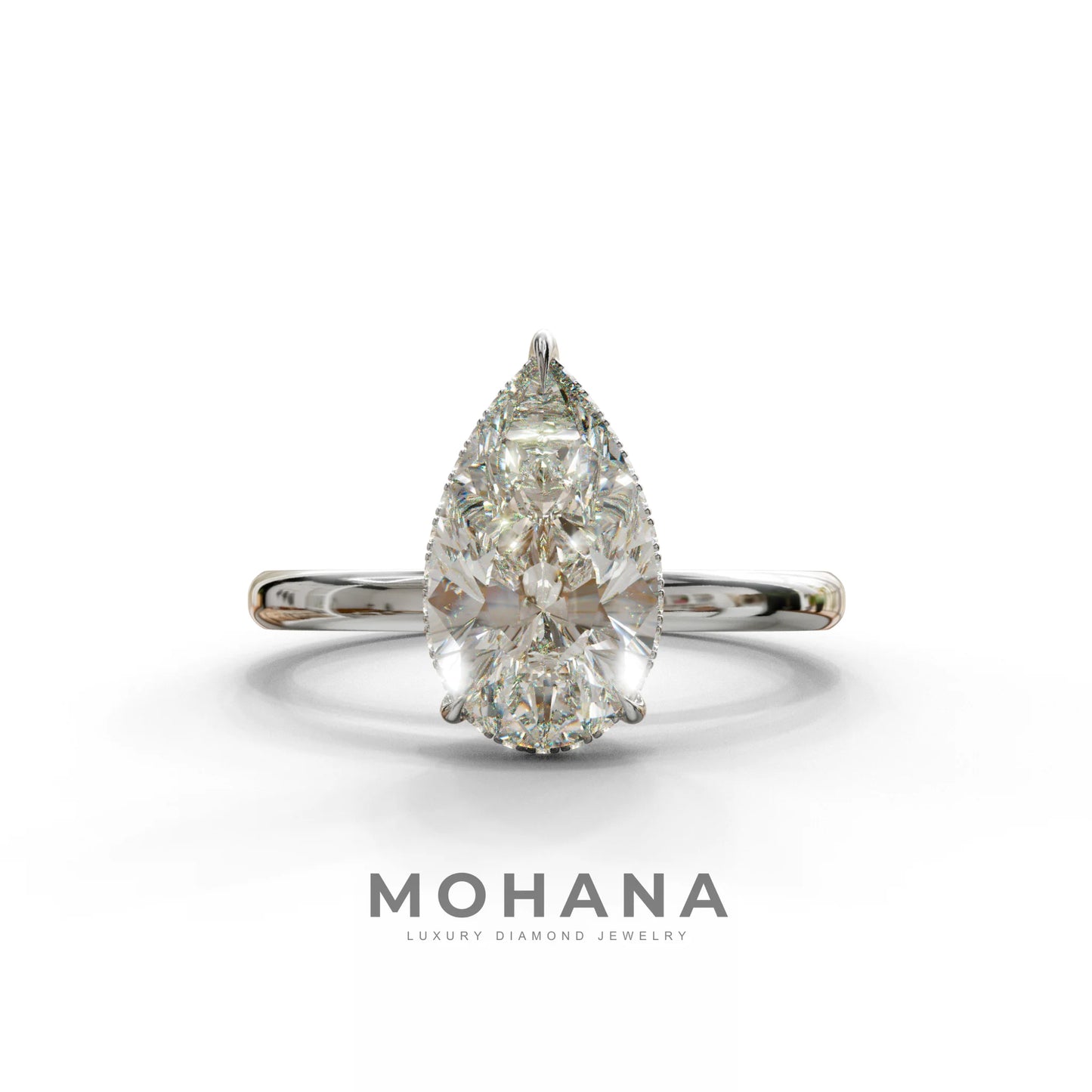 3.5 Carat E/VVS Pear Cut Hidden Halo Lab Grown Diamond Ring - 10K Solid Gold / White Gold