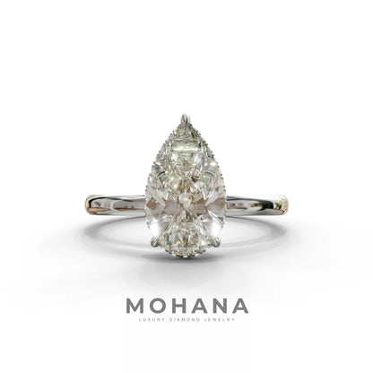 3.5 Carat E/VVS Pear Cut Hidden Halo Lab Grown Diamond Ring - 10K Solid Gold / White Gold
