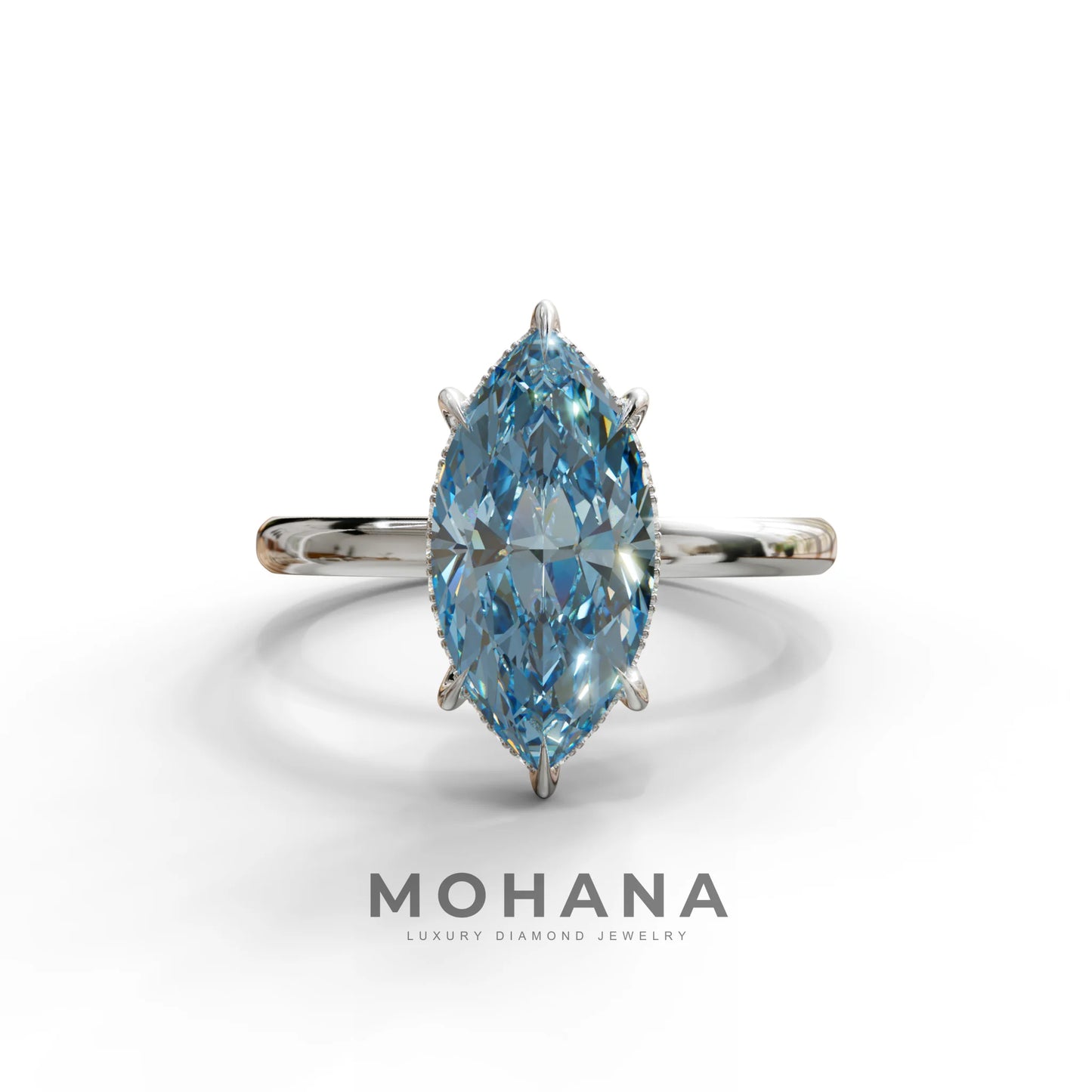 3.5 Carat Blue Marquise Cut Hidden Halo & Claw Setting Lab Grown Diamond Ring - Meraviglioso - 10K Solid Gold / White