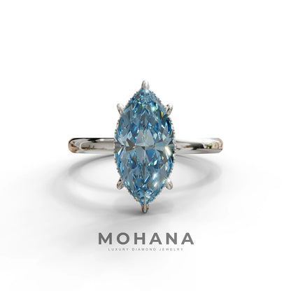 3.5 Carat Blue Marquise Cut Hidden Halo & Claw Setting Lab Grown Diamond Ring - Meraviglioso - 10K Solid Gold / White
