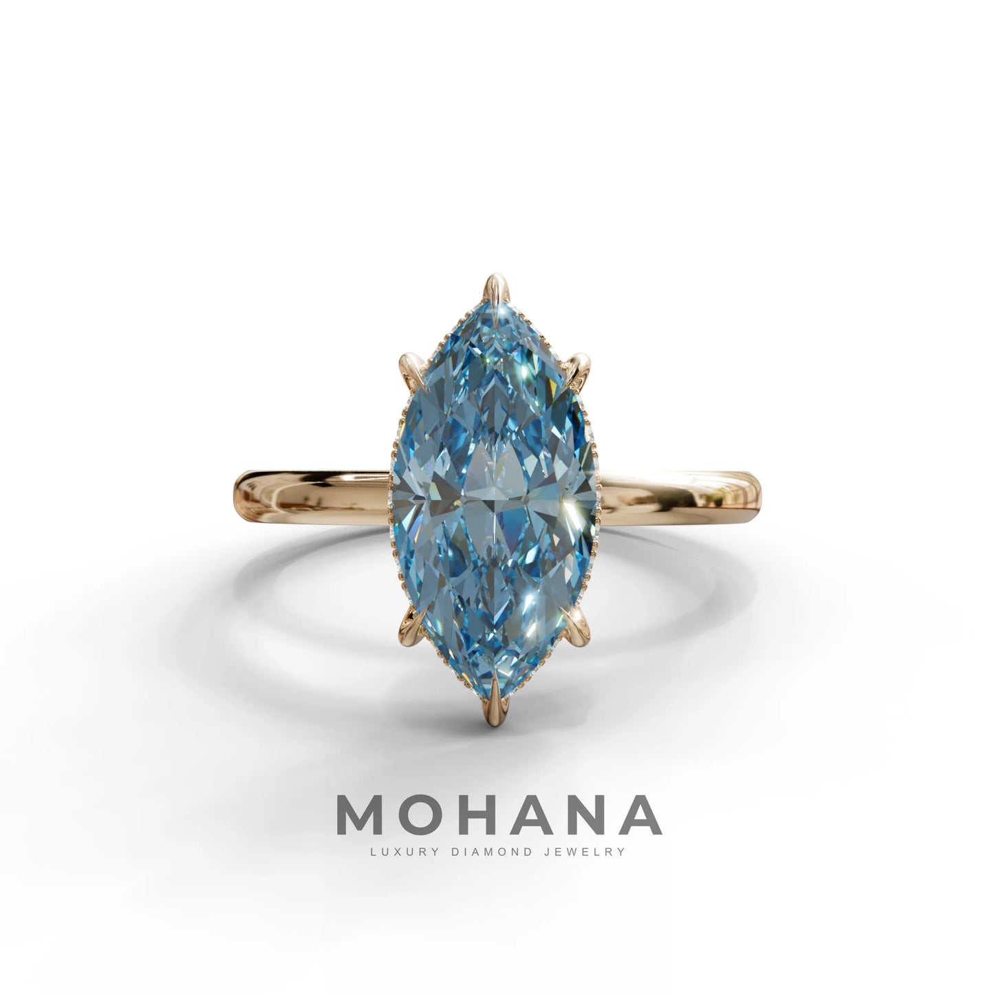 3.5 Carat Blue Marquise Cut Hidden Halo & Claw Setting Lab Grown Diamond Ring - Meraviglioso - 10K Solid Gold / Rose