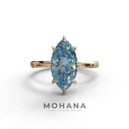 3.5 Carat Blue Marquise Cut Hidden Halo & Claw Setting Lab Grown Diamond Ring - Meraviglioso - 10K Solid Gold / Rose