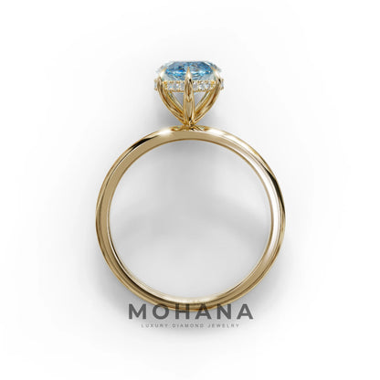 3.5 Carat Blue Marquise Cut Hidden Halo & Claw Setting Lab Grown Diamond Ring - Meraviglioso