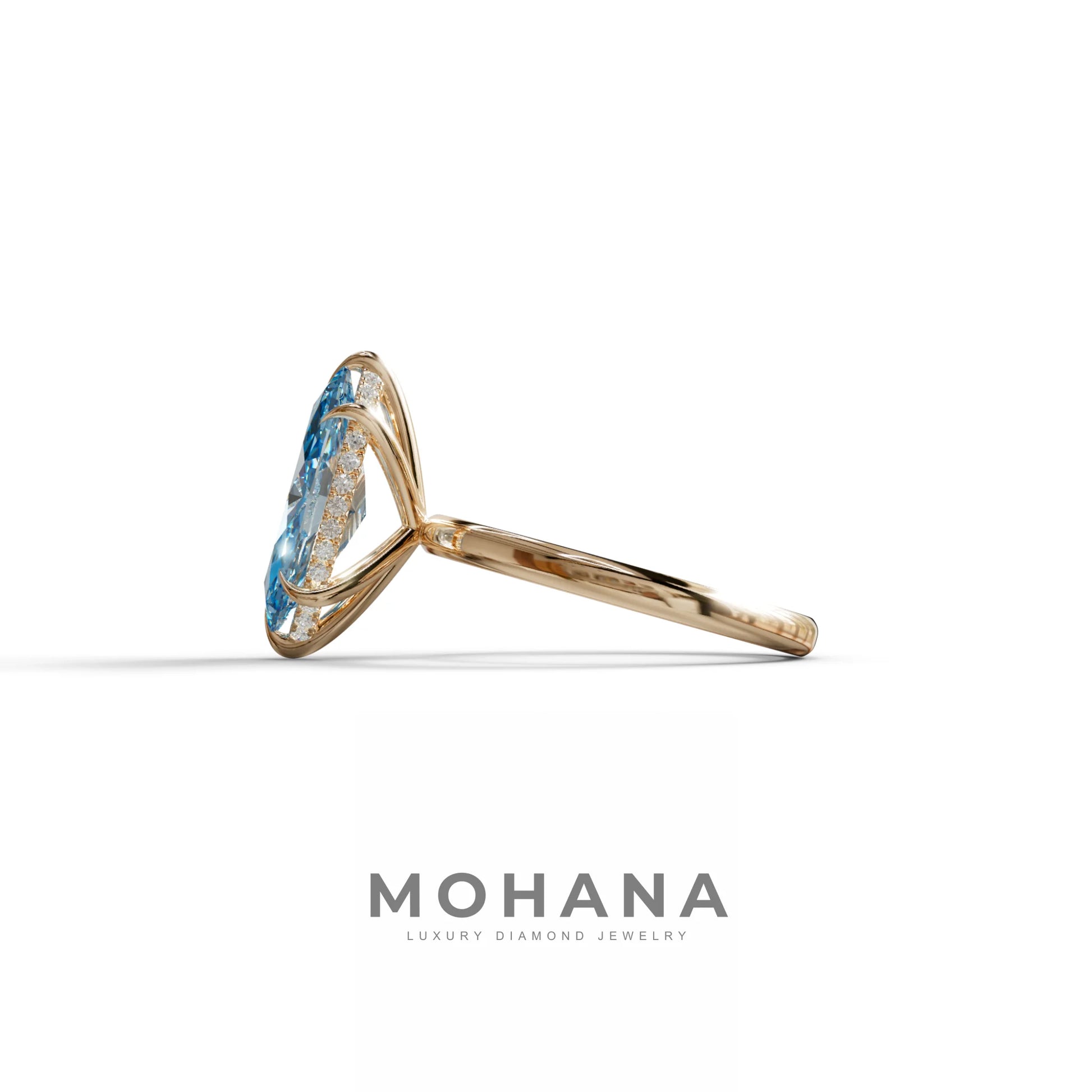 3.5 Carat Blue Marquise Cut Hidden Halo & Claw Setting Lab Grown Diamond Ring - Meraviglioso