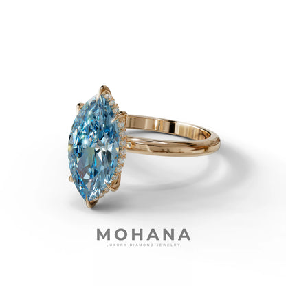 3.5 Carat Blue Marquise Cut Hidden Halo & Claw Setting Lab Grown Diamond Ring - Meraviglioso