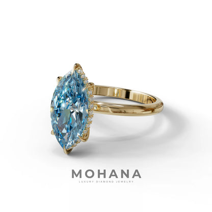 3.5 Carat Blue Marquise Cut Hidden Halo & Claw Setting Lab Grown Diamond Ring - Meraviglioso