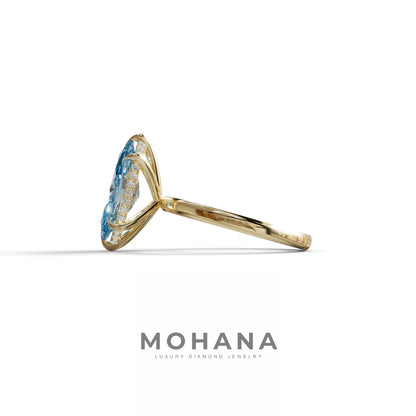 3.5 Carat Blue Marquise Cut Hidden Halo & Claw Setting Lab Grown Diamond Ring - Meraviglioso