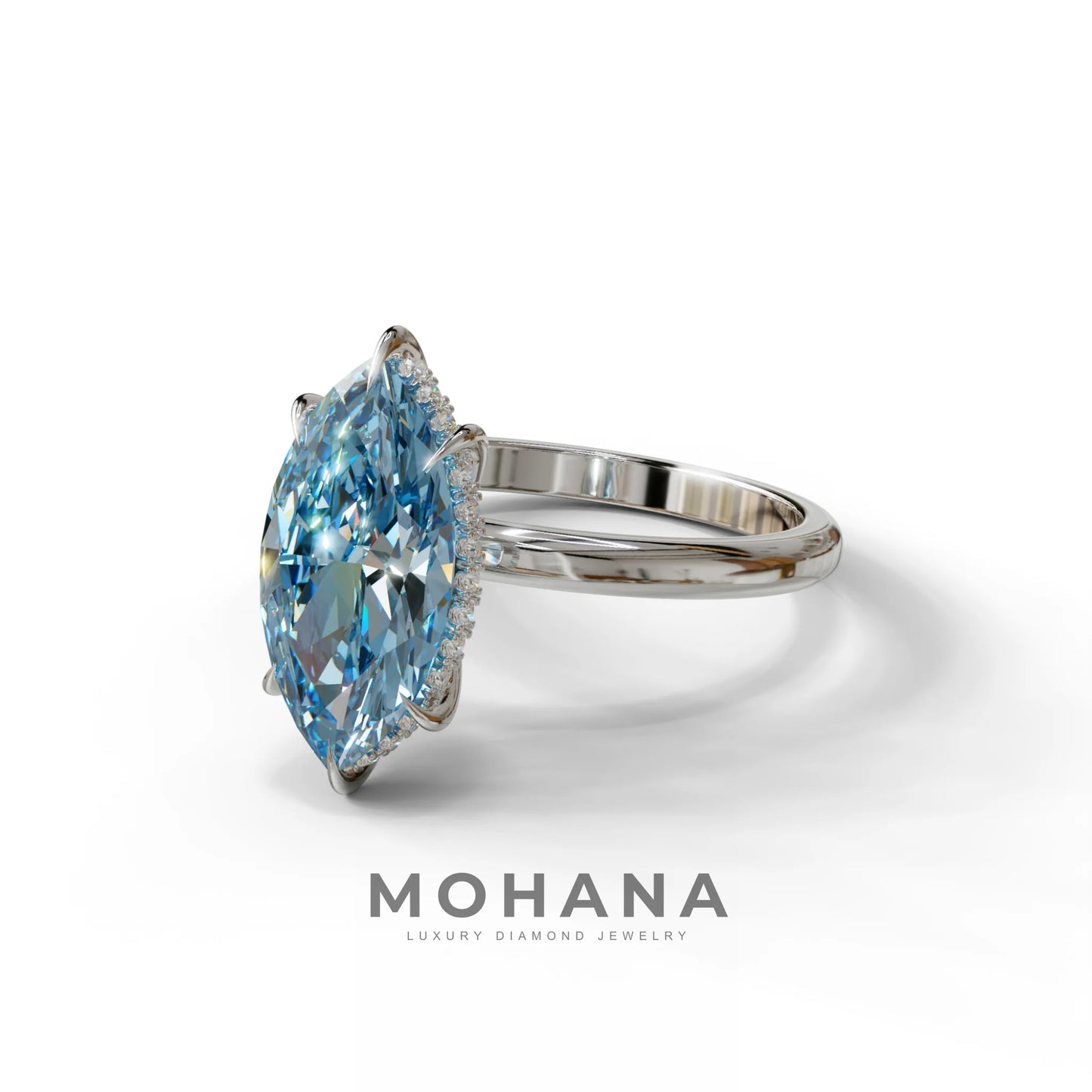 3.5 Carat Blue Marquise Cut Hidden Halo & Claw Setting Lab Grown Diamond Ring - Meraviglioso