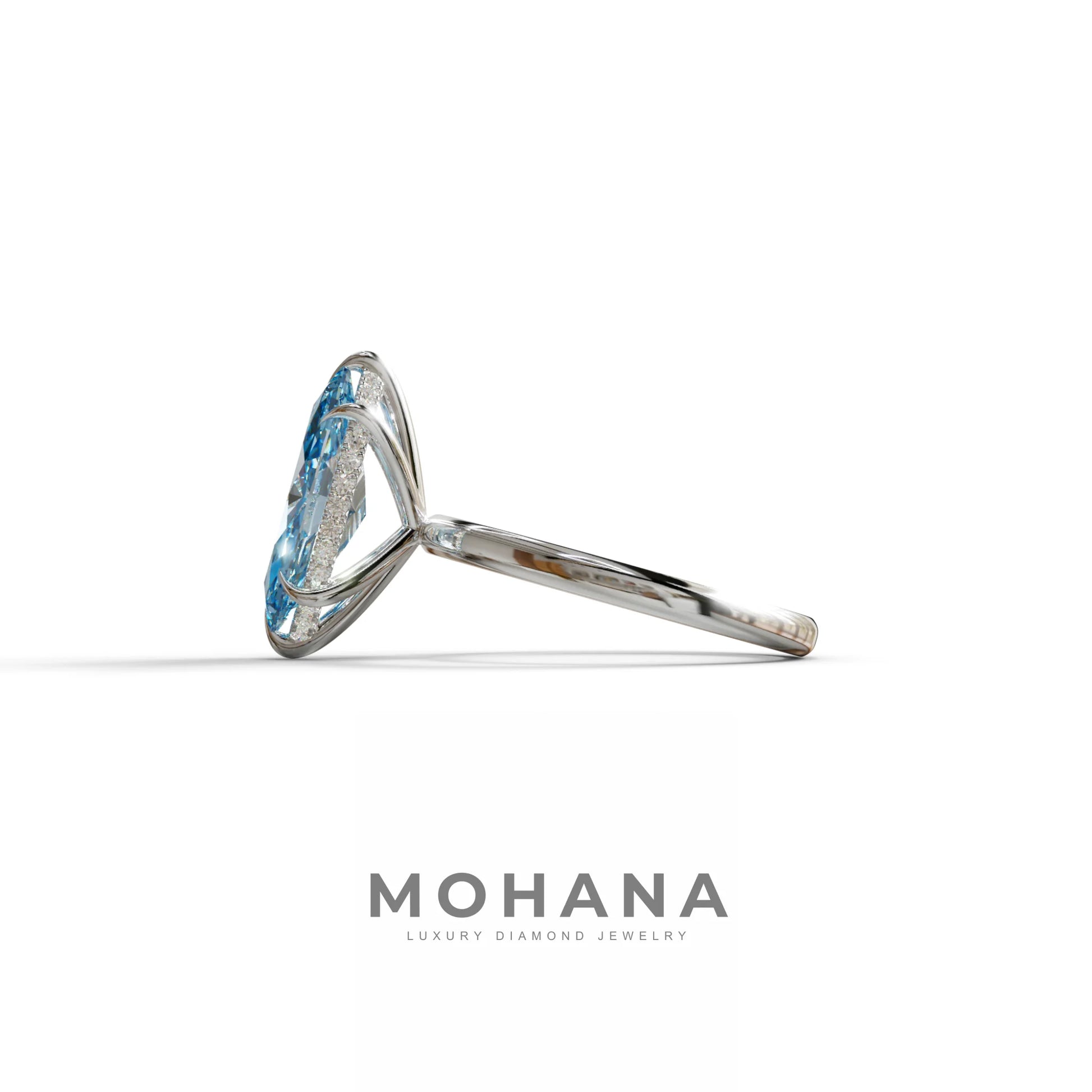 3.5 Carat Blue Marquise Cut Hidden Halo & Claw Setting Lab Grown Diamond Ring - Meraviglioso