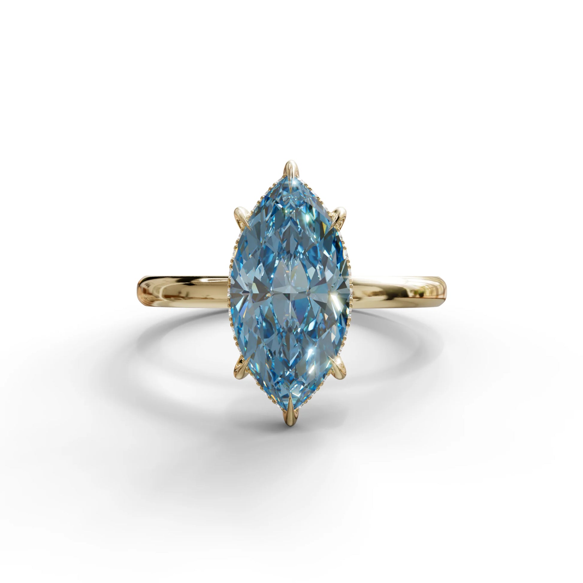 3.5 Carat Blue Marquise Cut Hidden Halo & Claw Setting Lab Grown Diamond Ring - Meraviglioso - 10K Solid Gold / Yellow