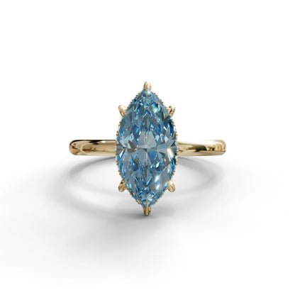 3.5 Carat Blue Marquise Cut Hidden Halo & Claw Setting Lab Grown Diamond Ring - Meraviglioso - 10K Solid Gold / Yellow