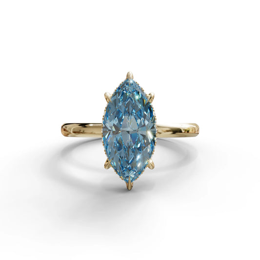 3.5 Carat Blue Marquise Cut Hidden Halo & Claw Setting Lab Grown Diamond Ring - Meraviglioso - 10K Solid Gold / Yellow