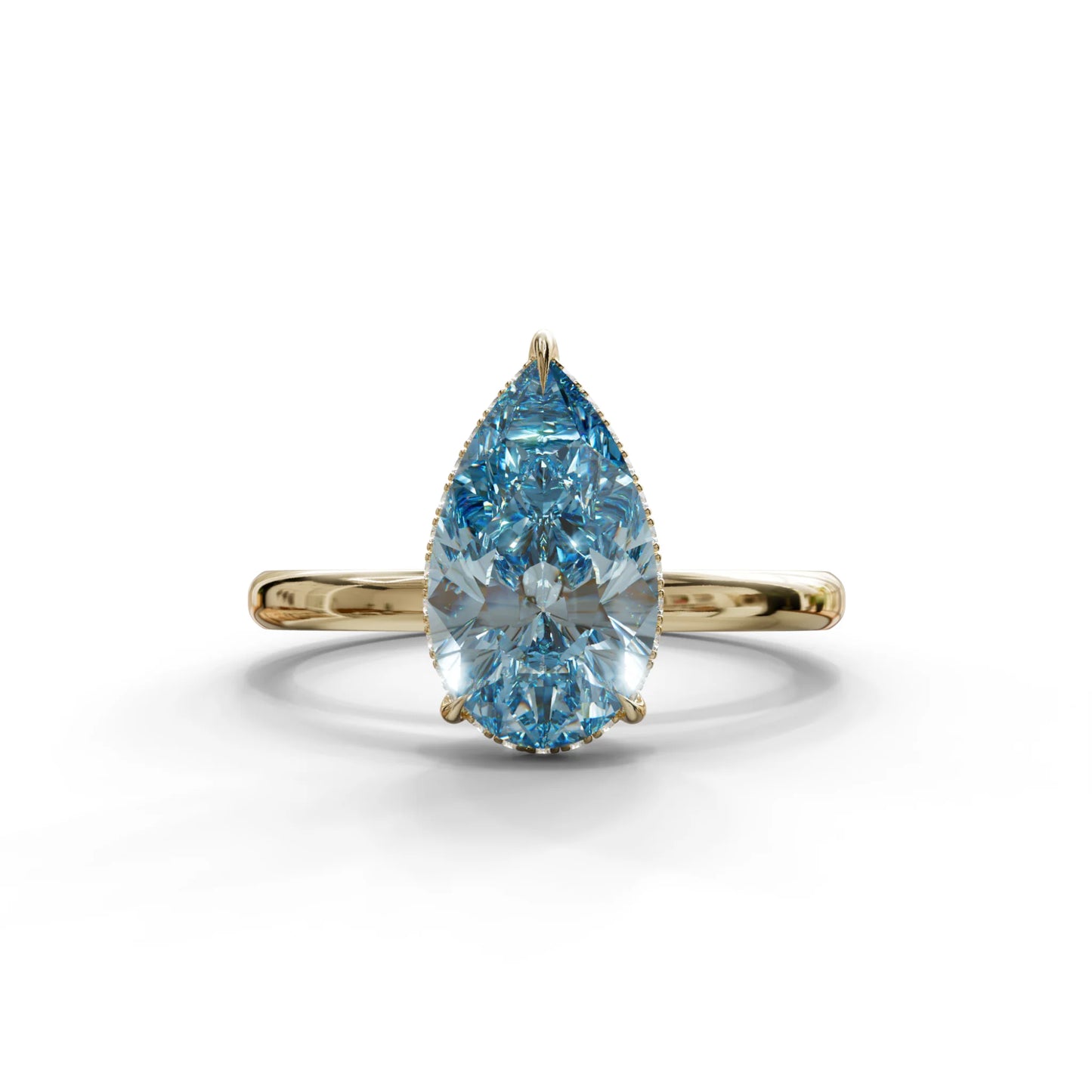3.5 Carat Blue Pear Cut Hidden Halo Lab Grown Diamond Ring - 10K Solid Gold / Yellow Gold