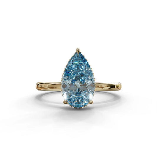 3.5 Carat Blue Pear Cut Hidden Halo Lab Grown Diamond Ring - 10K Solid Gold / Yellow Gold