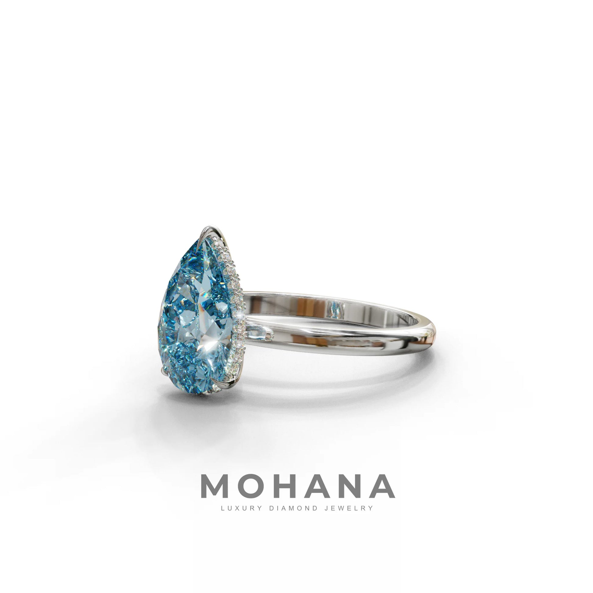 3.5 Carat Blue Pear Cut Hidden Halo Lab Grown Diamond Ring