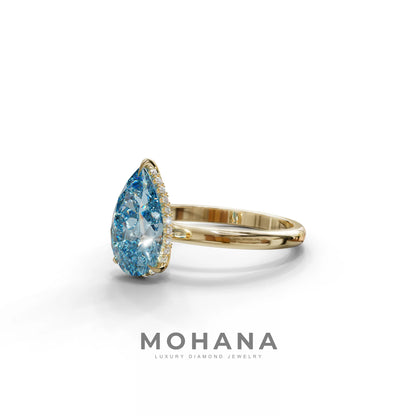 3.5 Carat Blue Pear Cut Hidden Halo Lab Grown Diamond Ring