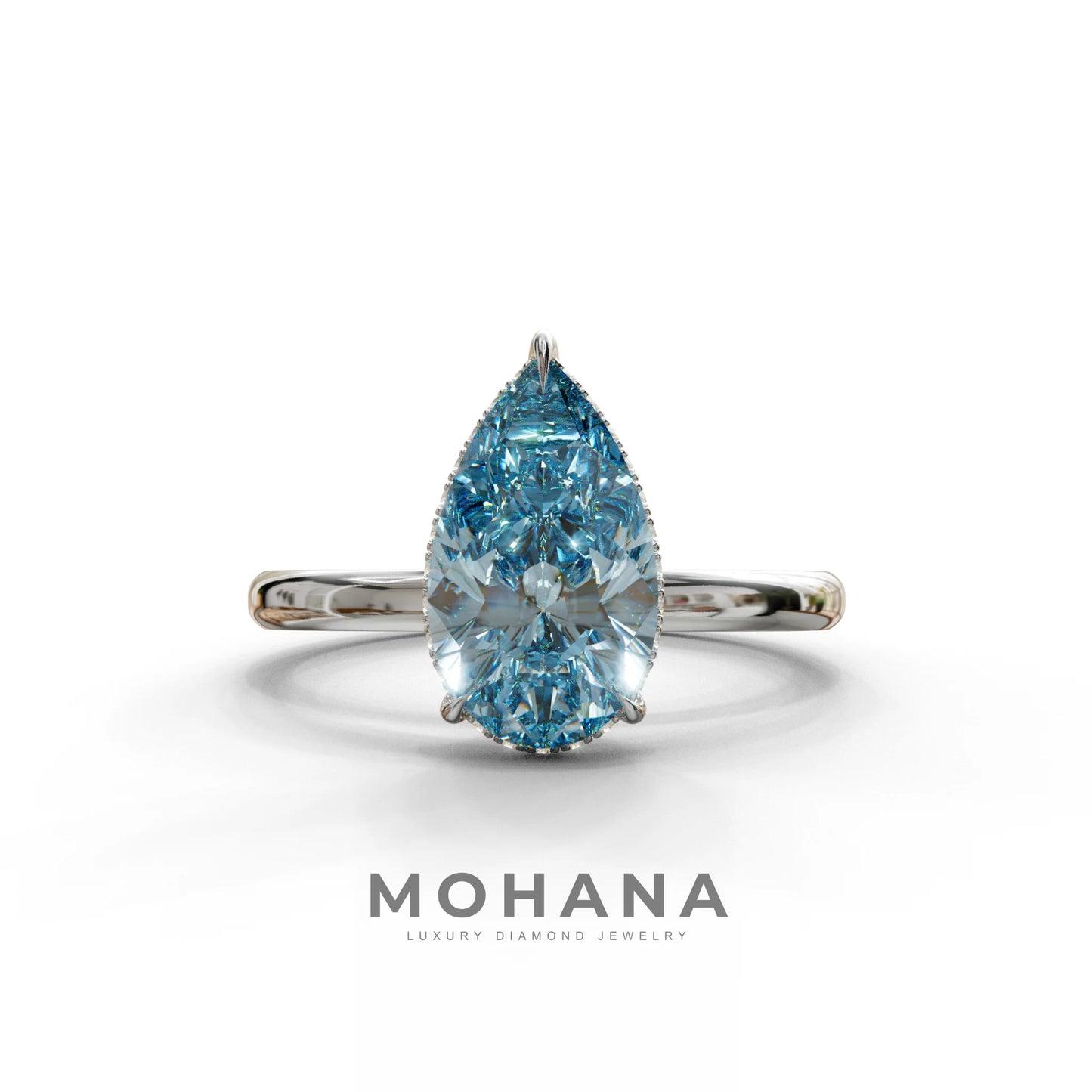 3.5 Carat Blue Pear Cut Hidden Halo Lab Grown Diamond Ring - 10K Solid Gold / White Gold