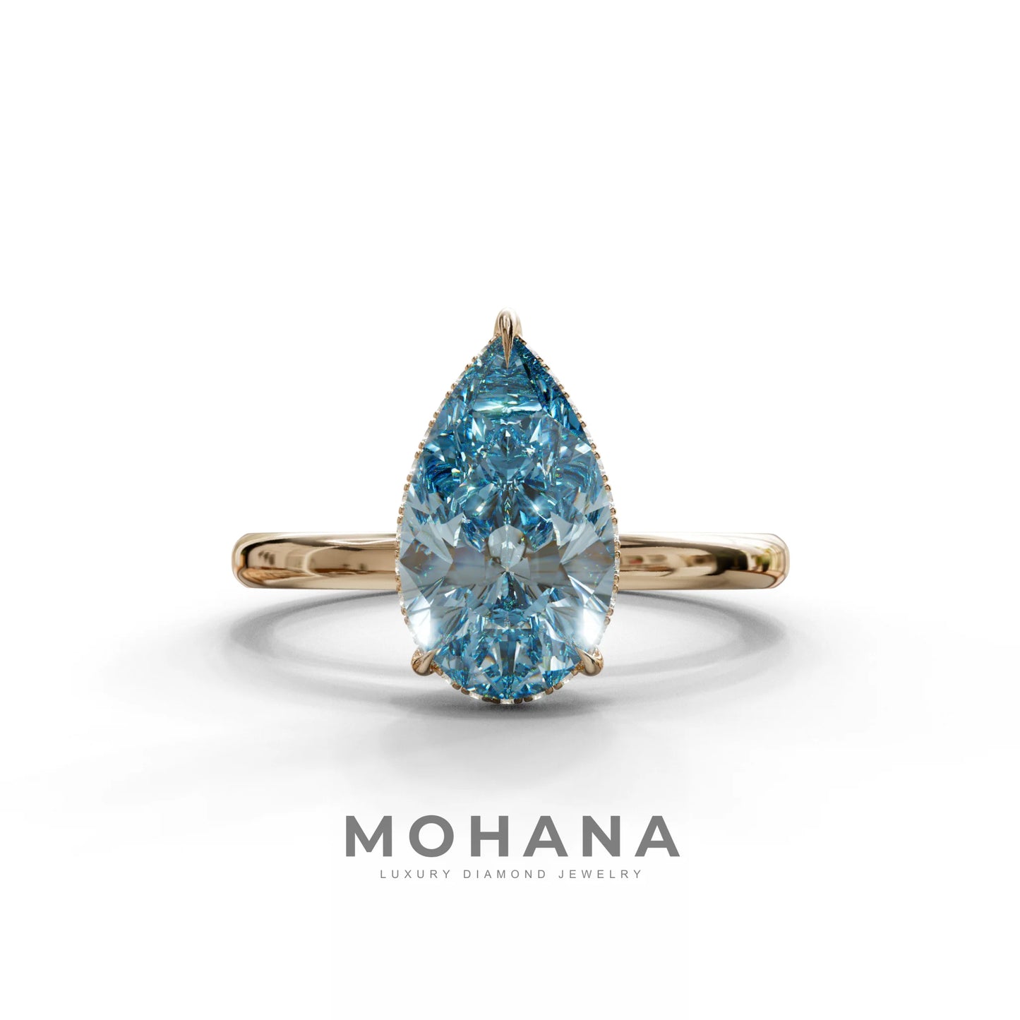 3.5 Carat Blue Pear Cut Hidden Halo Lab Grown Diamond Ring - 10K Solid Gold / Rose Gold