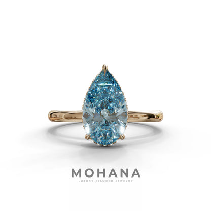 3.5 Carat Blue Pear Cut Hidden Halo Lab Grown Diamond Ring - 10K Solid Gold / Rose Gold