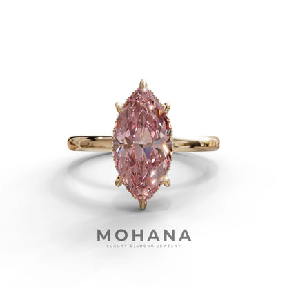 3.5 Carat Pink Marquise Cut Hidden Halo Lab Grown Diamond Ring - Meraviglioso - 10K Solid Gold / Rose Gold