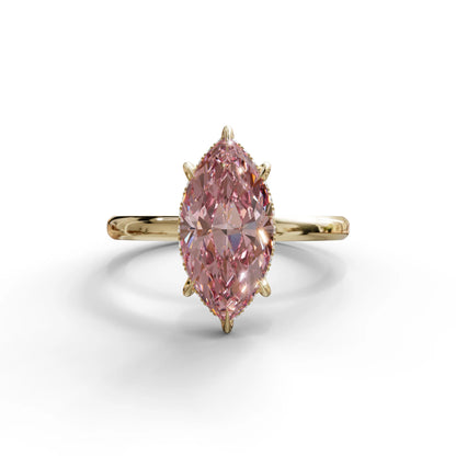 3.5 Carat Pink Marquise Cut Hidden Halo Lab Grown Diamond Ring - Meraviglioso - 10K Solid Gold / Yellow Gold