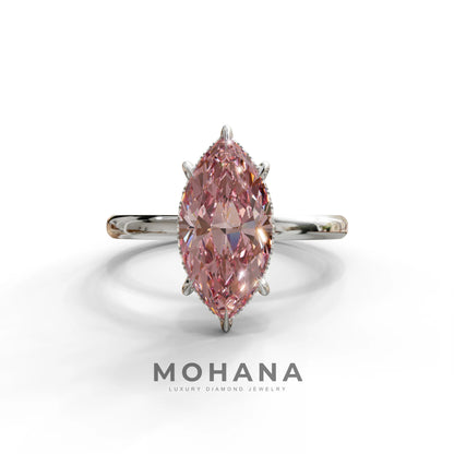 3.5 Carat Pink Marquise Cut Hidden Halo Lab Grown Diamond Ring - Meraviglioso - 10K Solid Gold / White Gold