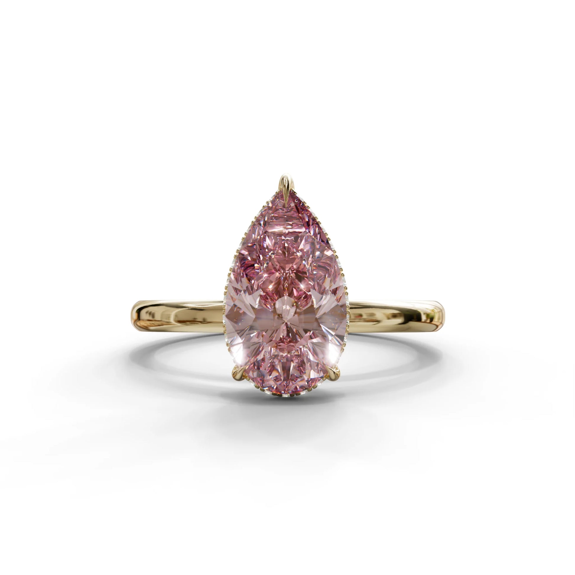 3.5 Carat Pink Pear Cut Hidden Halo Lab Grown Diamond Ring - 10K Solid Gold / Yellow Gold