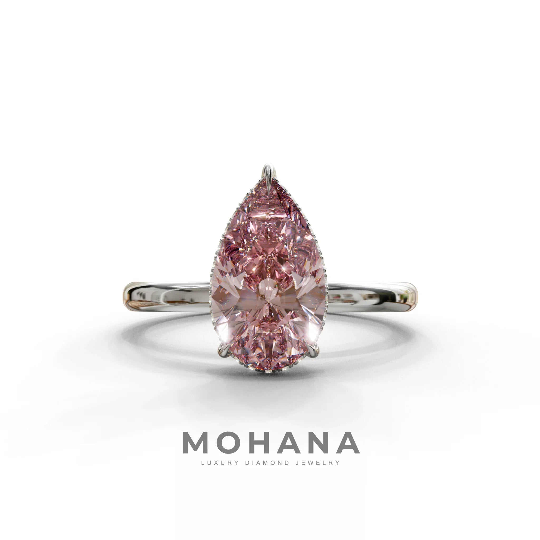 3.5 Carat Pink Pear Cut Hidden Halo Lab Grown Diamond Ring - 10K Solid Gold / White Gold