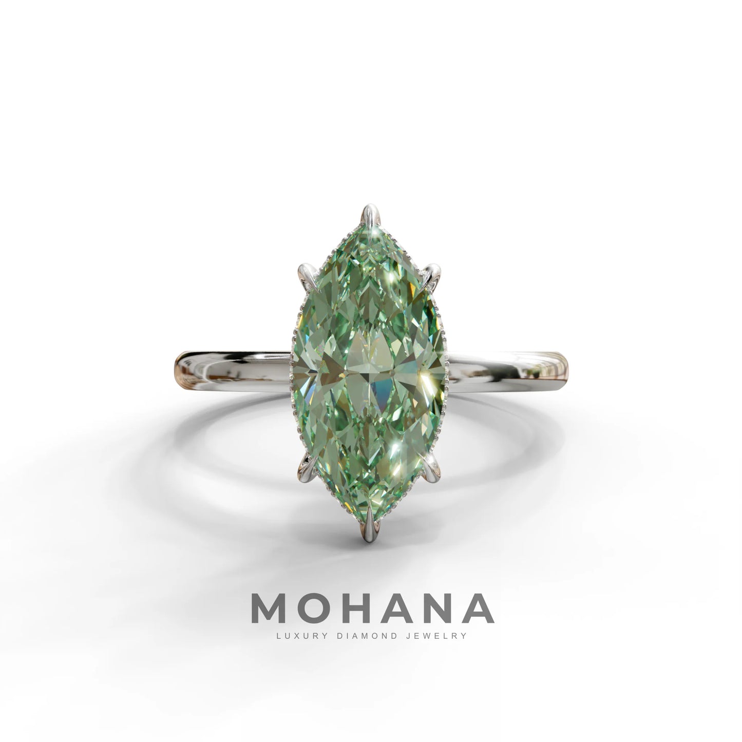 3 Carat Green Marquise Cut Hidden Halo & Claw Setting Lab Grown Diamond Ring -Meraviglioso - 10K Solid Gold / White Gold