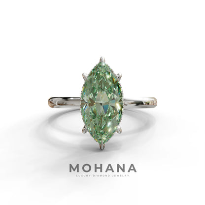 3 Carat Green Marquise Cut Hidden Halo & Claw Setting Lab Grown Diamond Ring -Meraviglioso - 10K Solid Gold / White Gold
