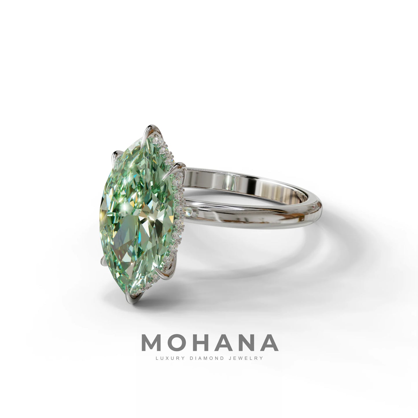 3 Carat Green Marquise Cut Hidden Halo & Claw Setting Lab Grown Diamond Ring -Meraviglioso