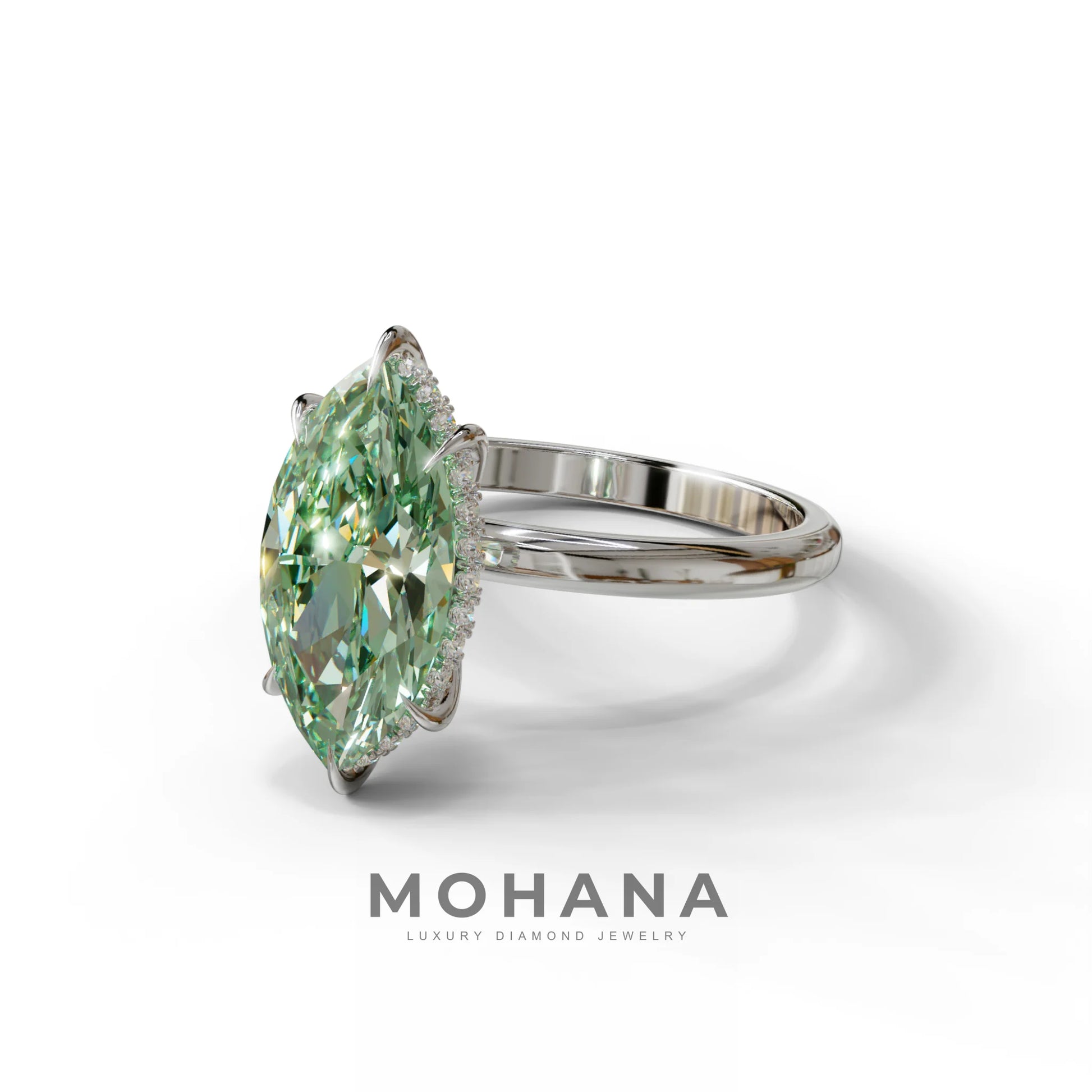 3 Carat Green Marquise Cut Hidden Halo & Claw Setting Lab Grown Diamond Ring -Meraviglioso