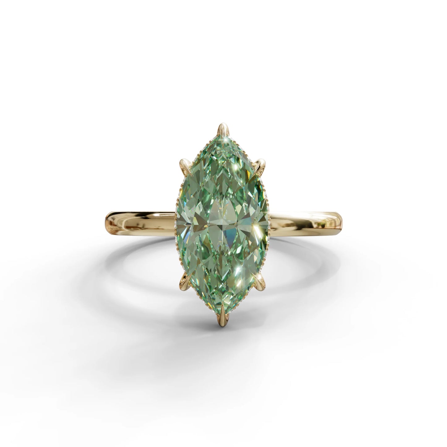 3 Carat Green Marquise Cut Hidden Halo & Claw Setting Lab Grown Diamond Ring -Meraviglioso - 10K Solid Gold / Yellow