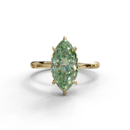 3 Carat Green Marquise Cut Hidden Halo & Claw Setting Lab Grown Diamond Ring -Meraviglioso - 10K Solid Gold / Yellow