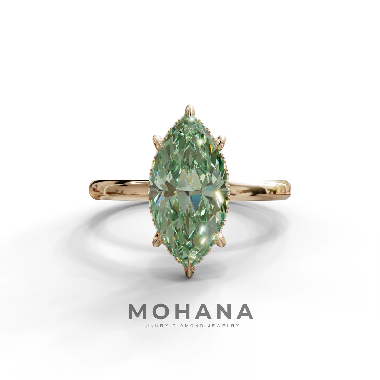 3 Carat Green Marquise Cut Hidden Halo & Claw Setting Lab Grown Diamond Ring -Meraviglioso - 10K Solid Gold / Rose Gold