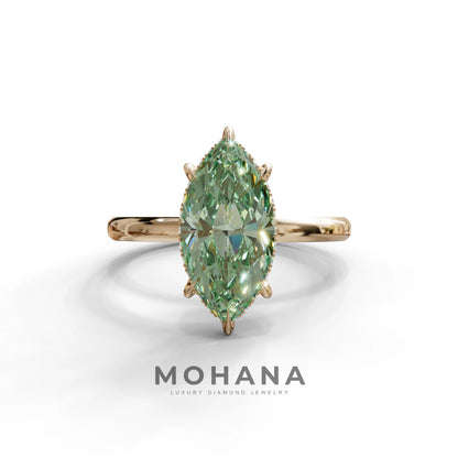 3 Carat Green Marquise Cut Hidden Halo & Claw Setting Lab Grown Diamond Ring -Meraviglioso - 10K Solid Gold / Rose Gold