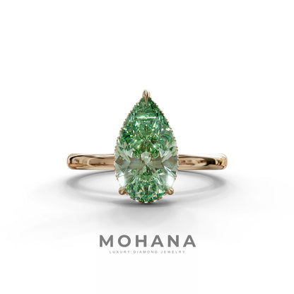 3.5 Carat Green Pear Cut Hidden Halo Lab Diamond Ring - 10K Solid Gold / Rose Gold