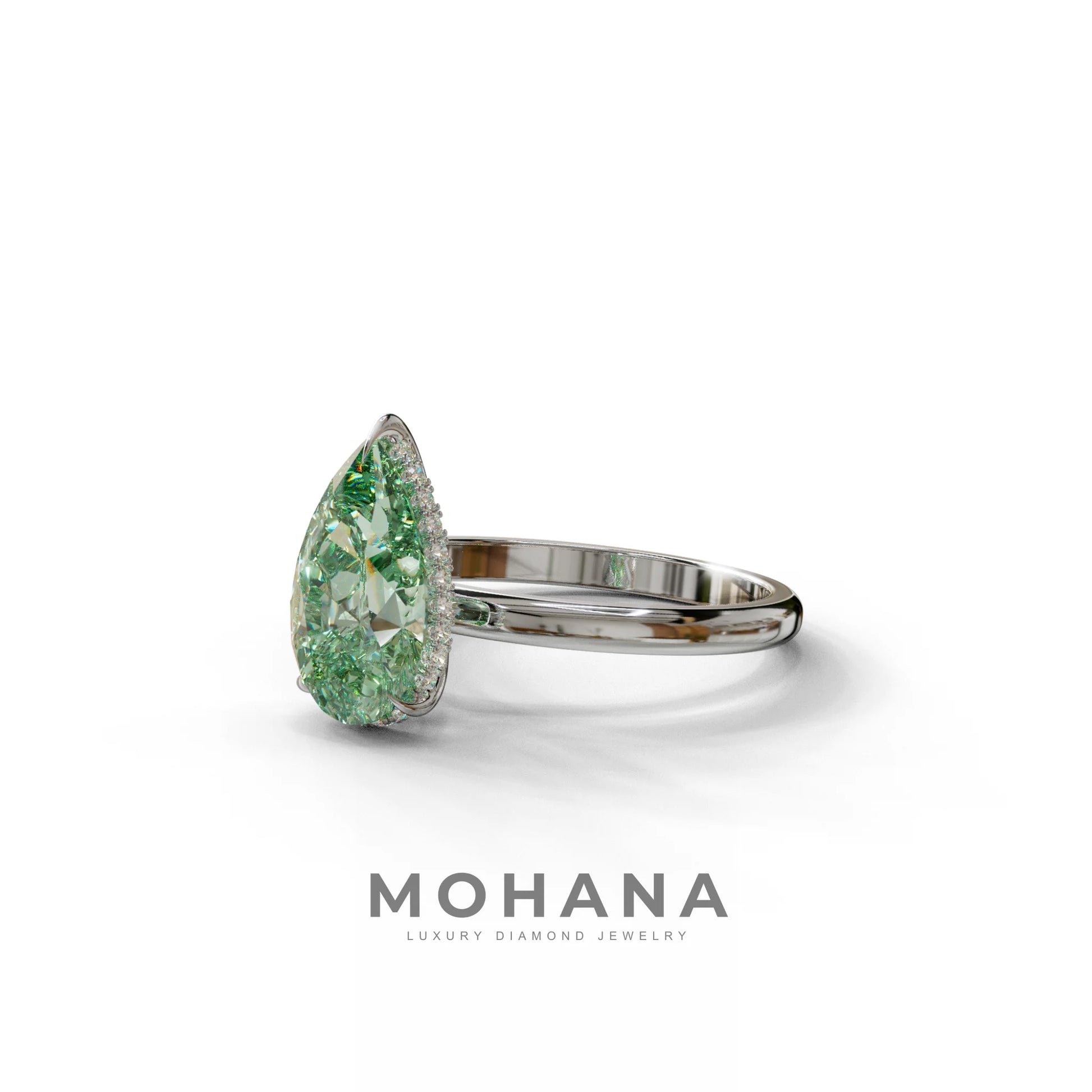 3.5 Carat Green Pear Cut Hidden Halo Lab Diamond Ring